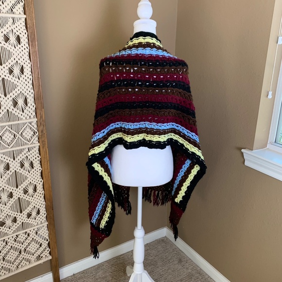 Handmade Crochet Scarf -- blend of maroon, black, brown, blue, yellow - Picture 4 of 10